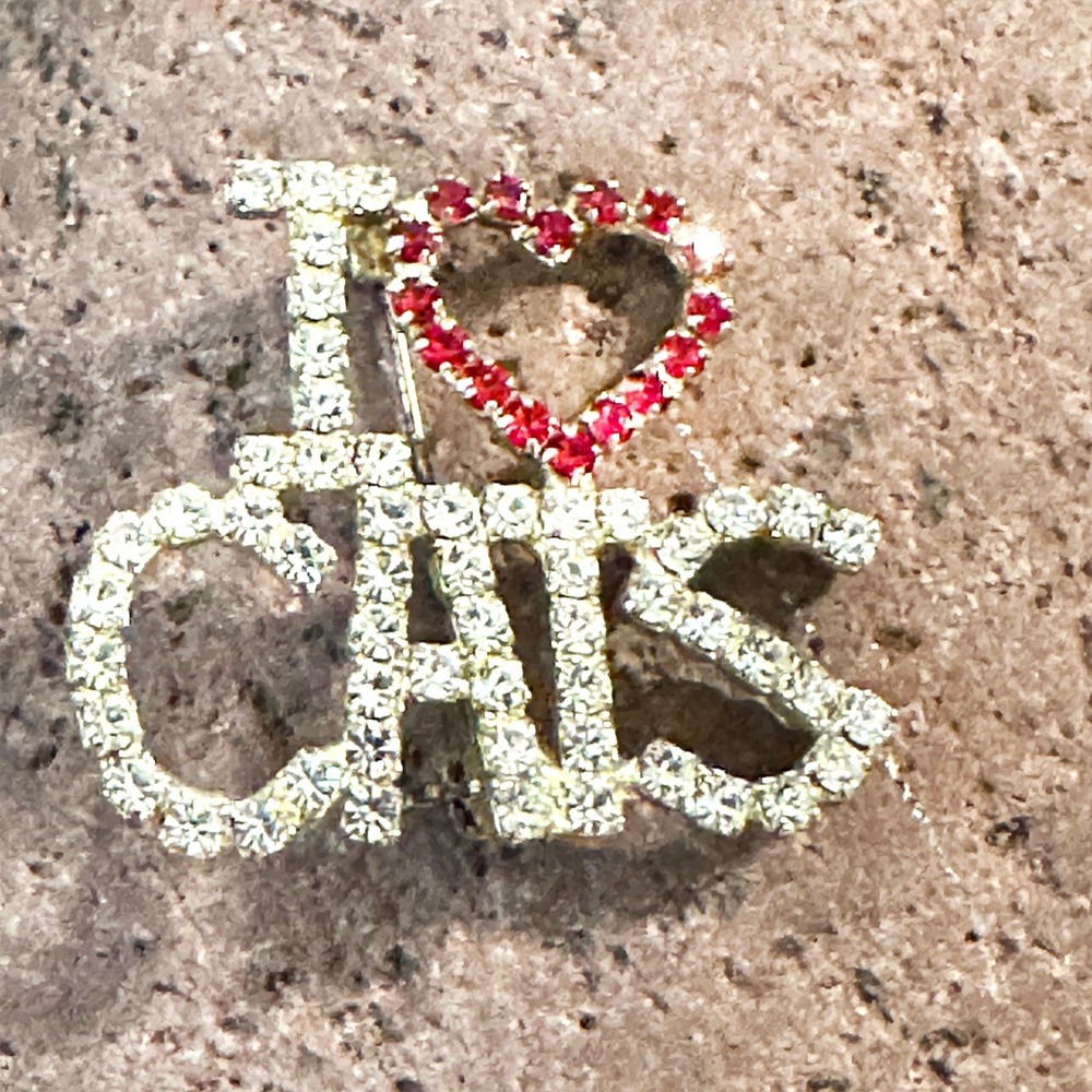 Vintage‎ Estate I Love Cats Red Heart Rhinestone Silver Plated Pin Brooch 80s
